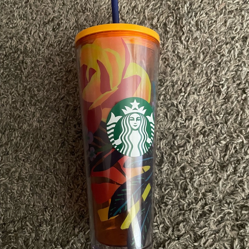 Starbucks Multicolor Floral Tumbler with Orange Lid